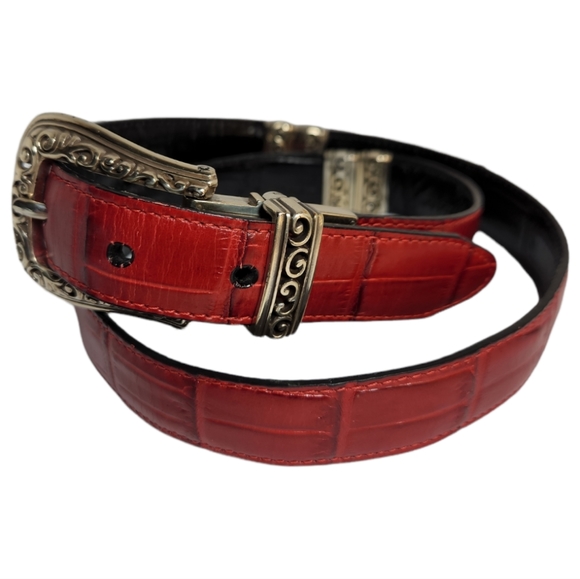 UNKNOWN Accessories - REVERSABLE M/L 32 RED & BLACK THIN LEATHER CROC EMBOSSED BELT